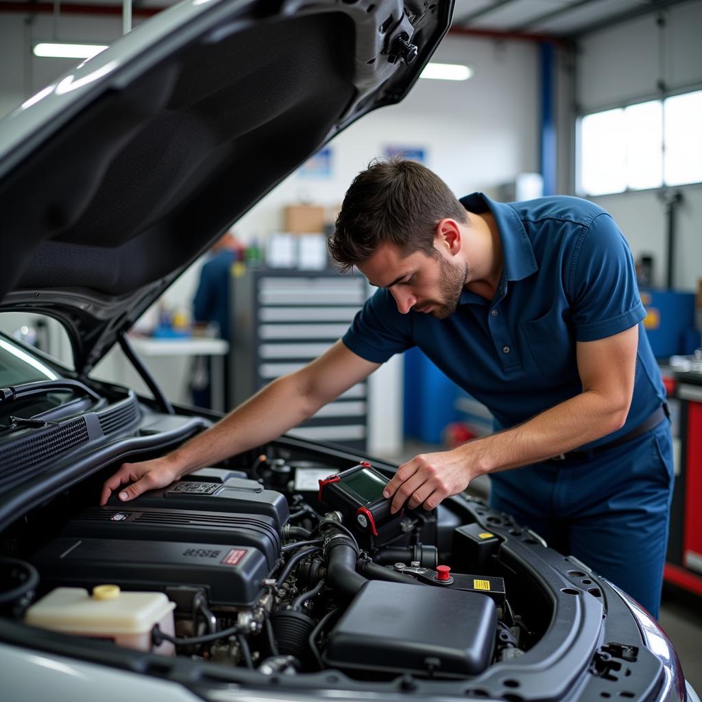 Auto Service Technician Working on a Car Engine