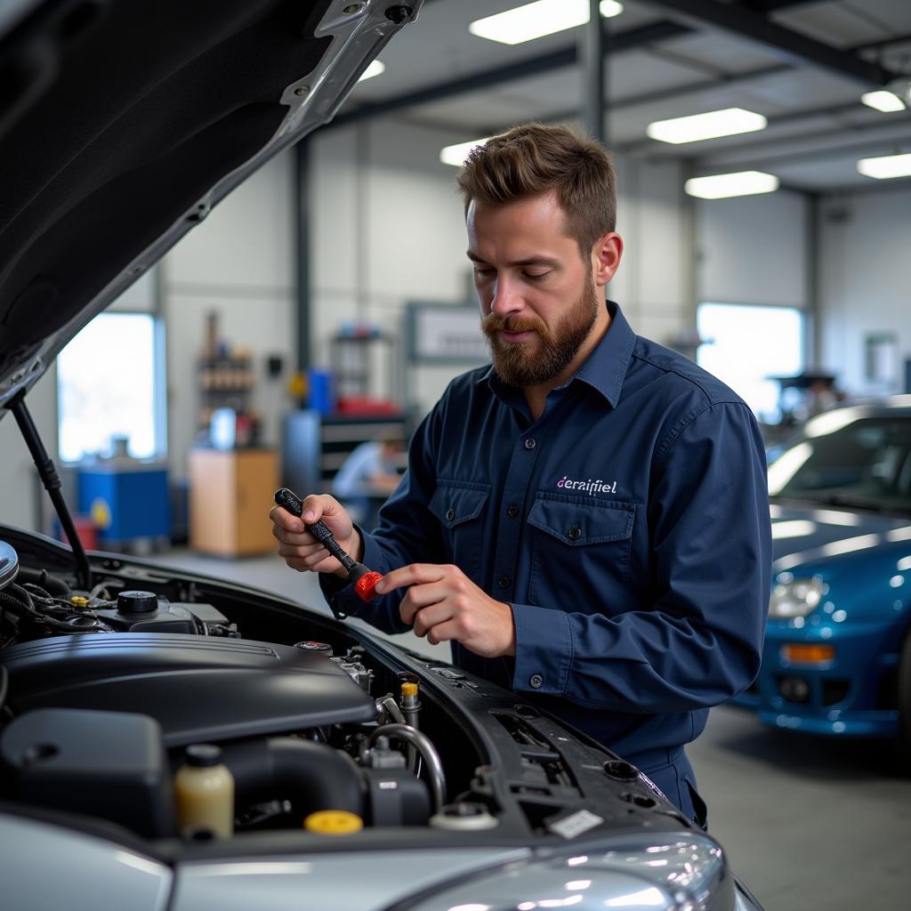 Auto Service Technician Working on a Car Engine in Escondido