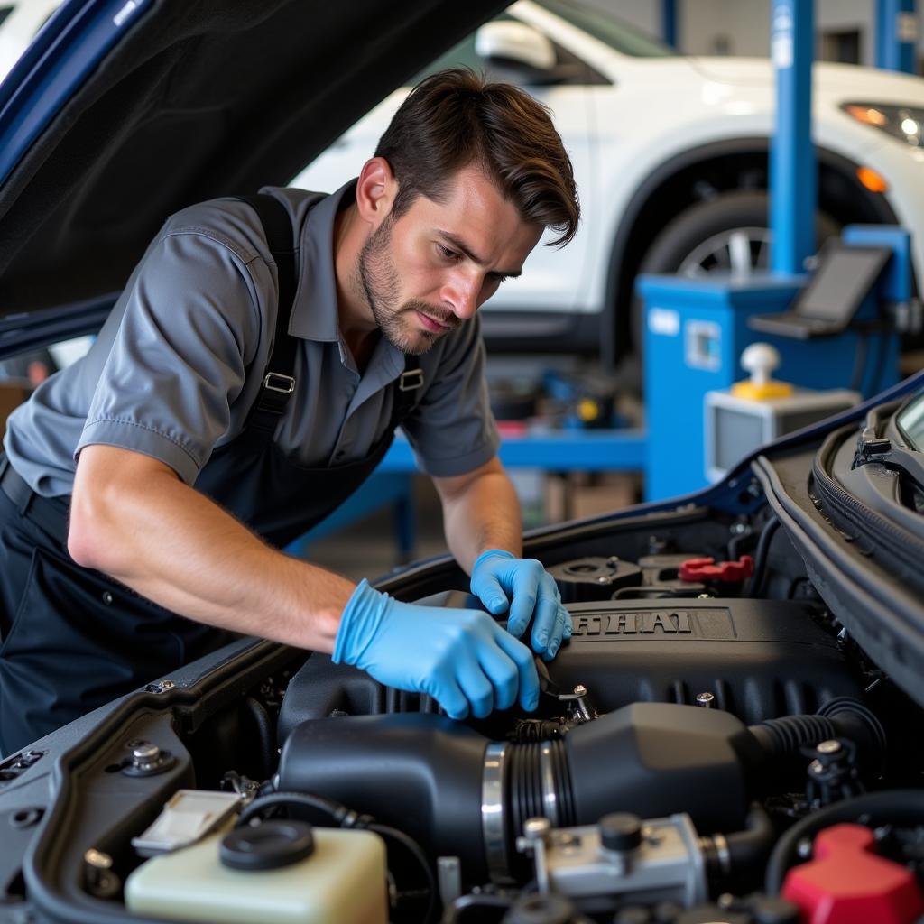 Auto Service Technician Working on a Car Engine in Westerly, RI