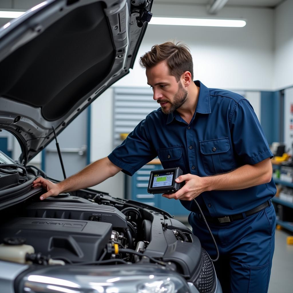 Auto Service Technician Performing Engine Diagnostics