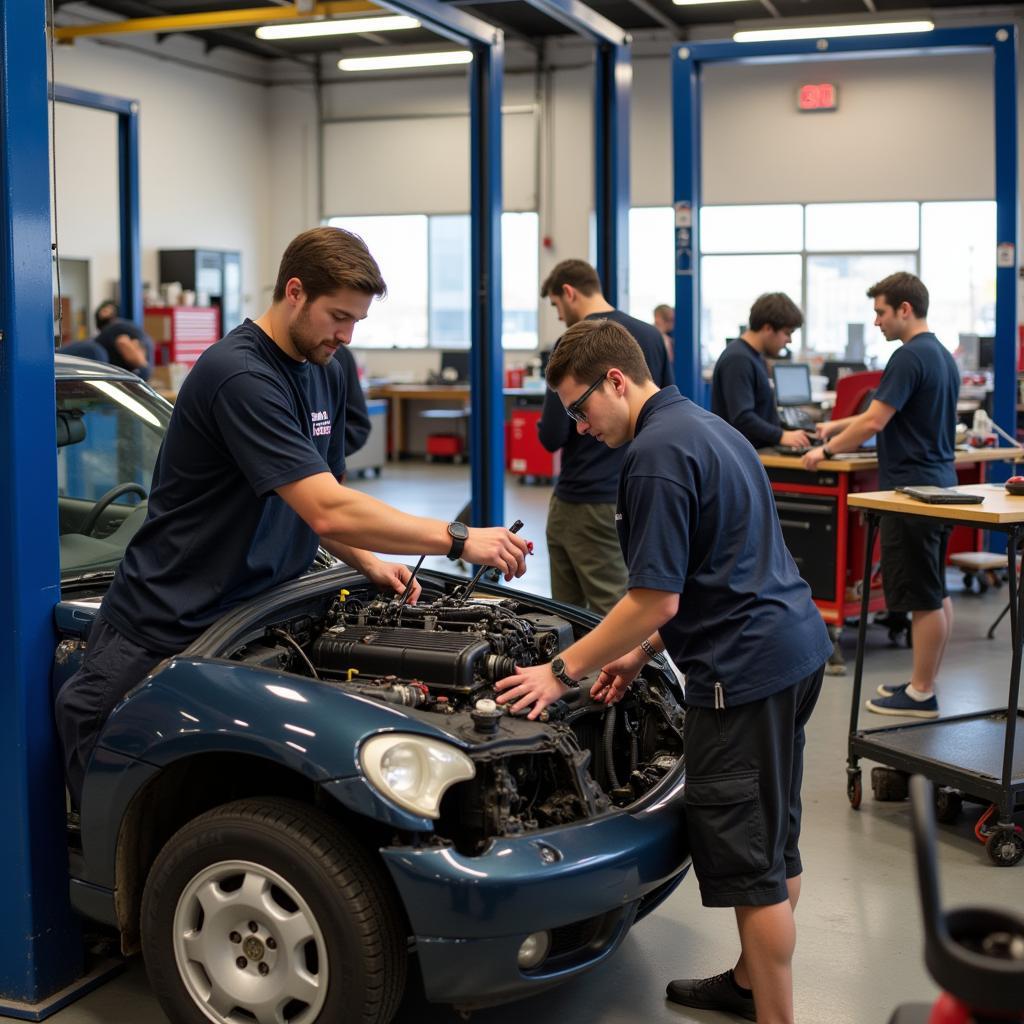 Students working in an Auto Service Technology Program Lab