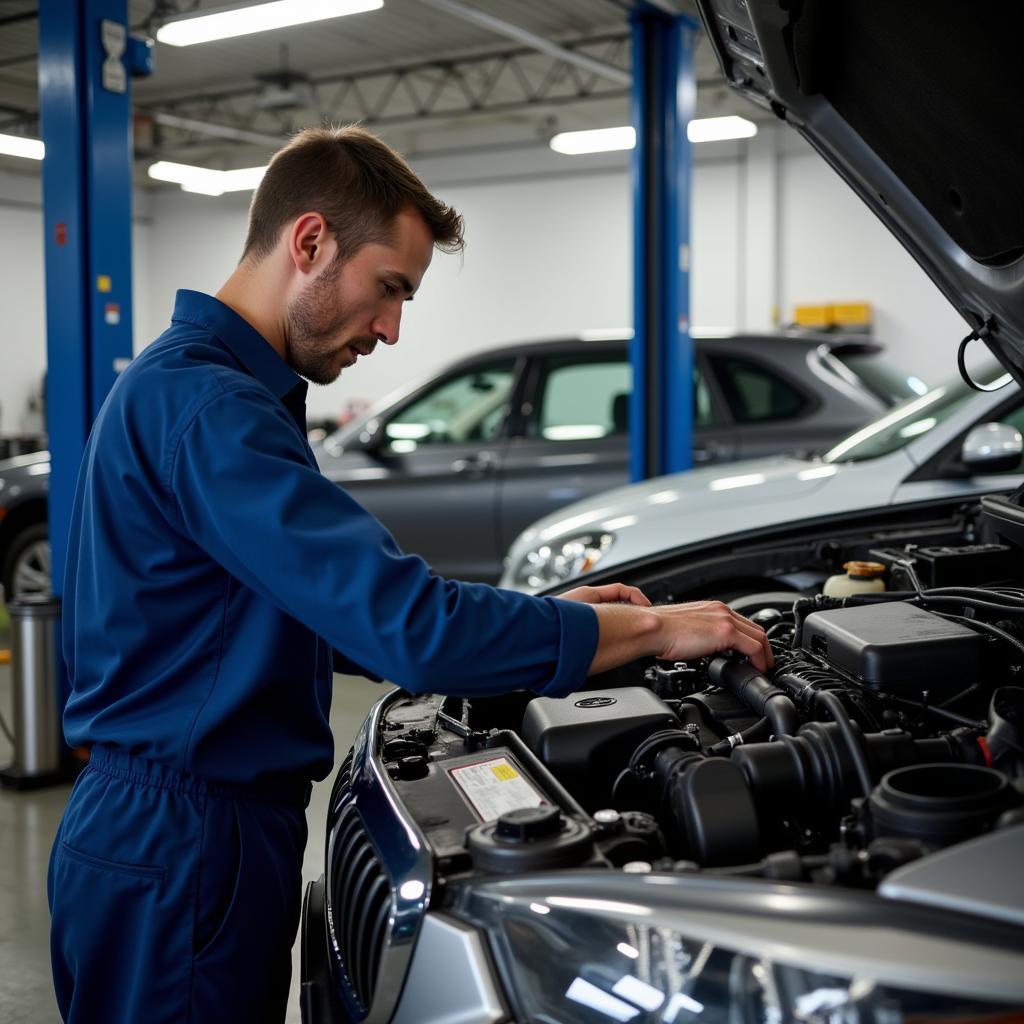 Mechanic working on a car in a Tilton, NH auto service shop