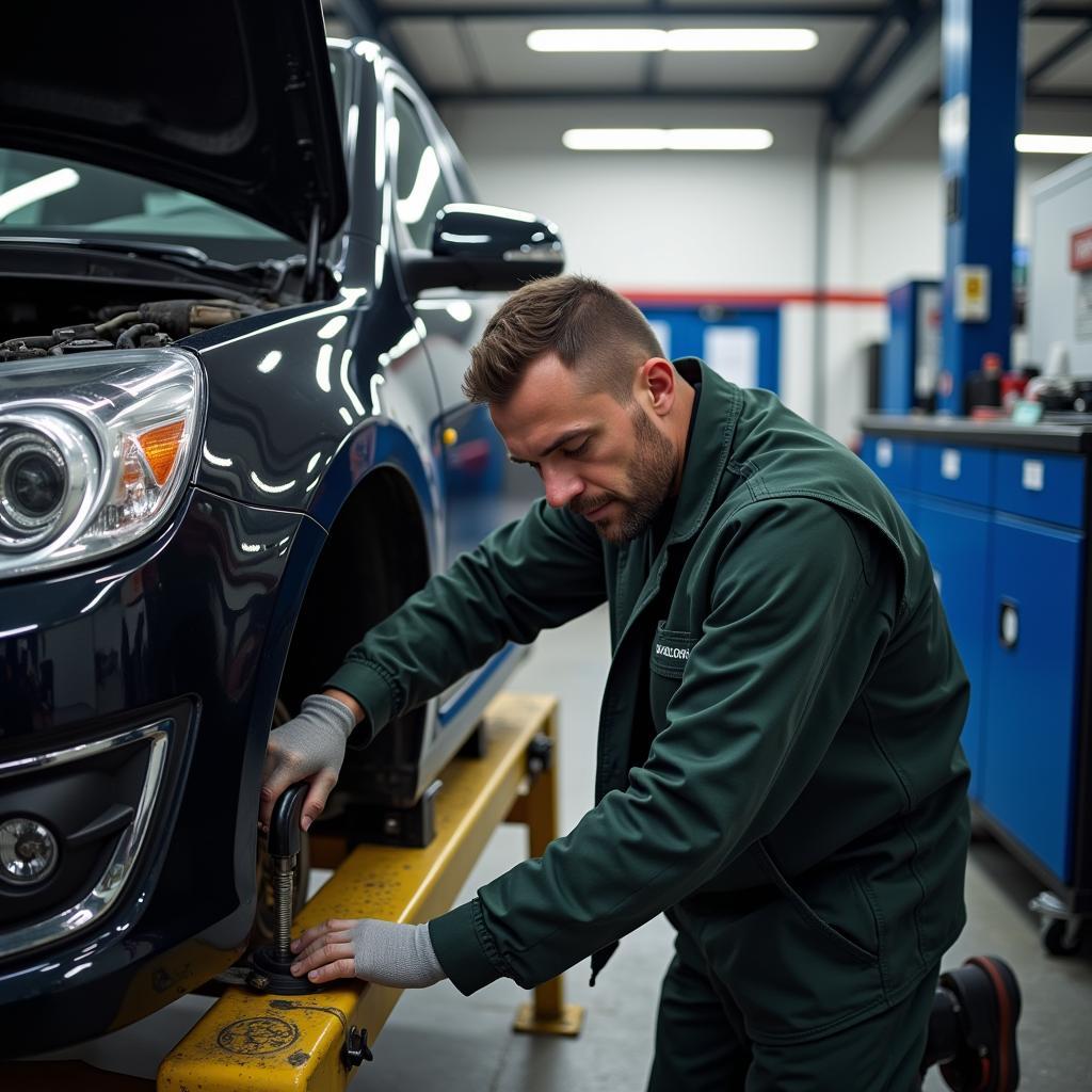 Mechanic working on a car in Timas Militari Iuliu Maniu