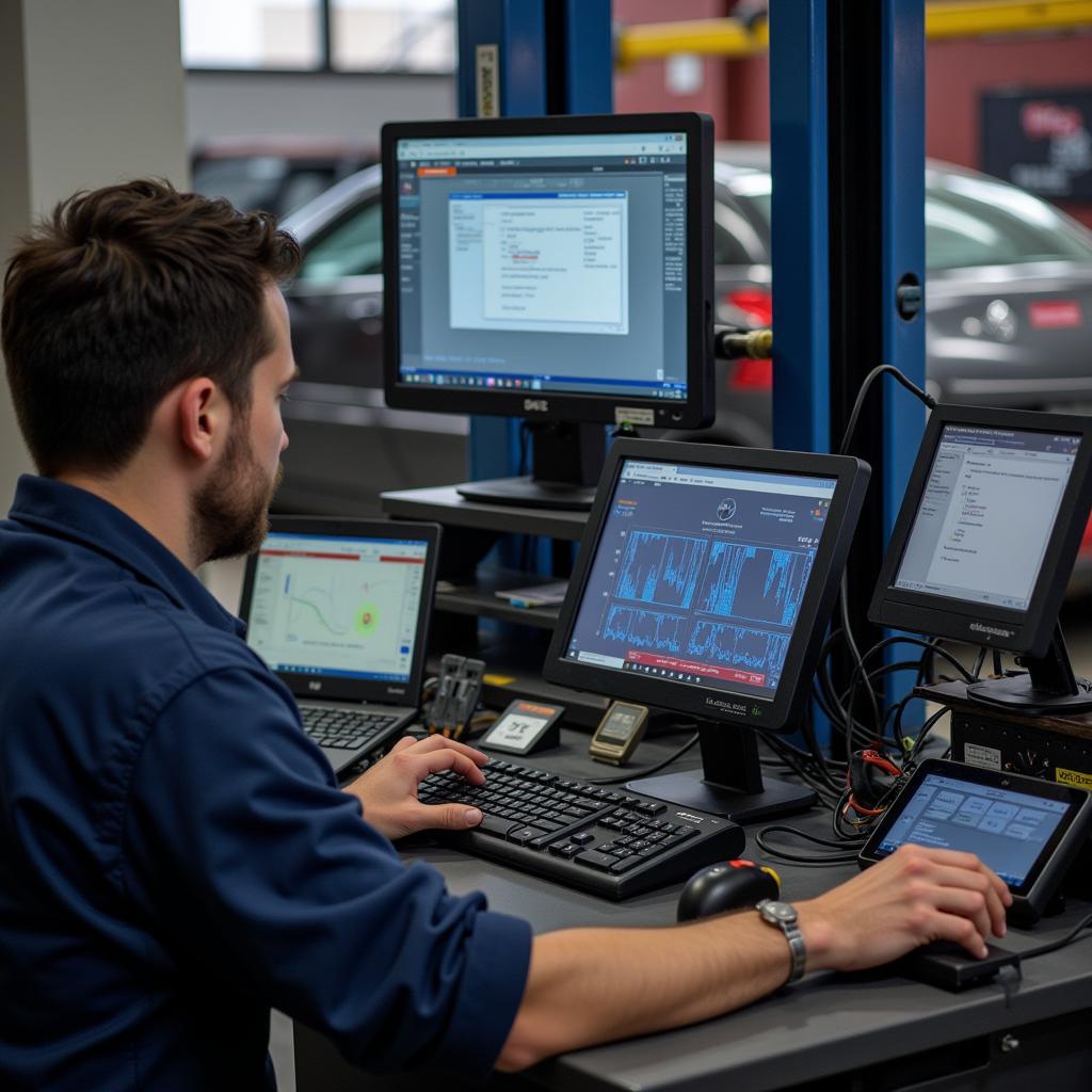 Modern diagnostic equipment at an auto service center