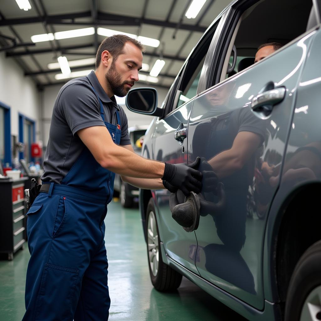 Mechanic Working on a Car in a Van Nuys Blvd Auto Service Shop