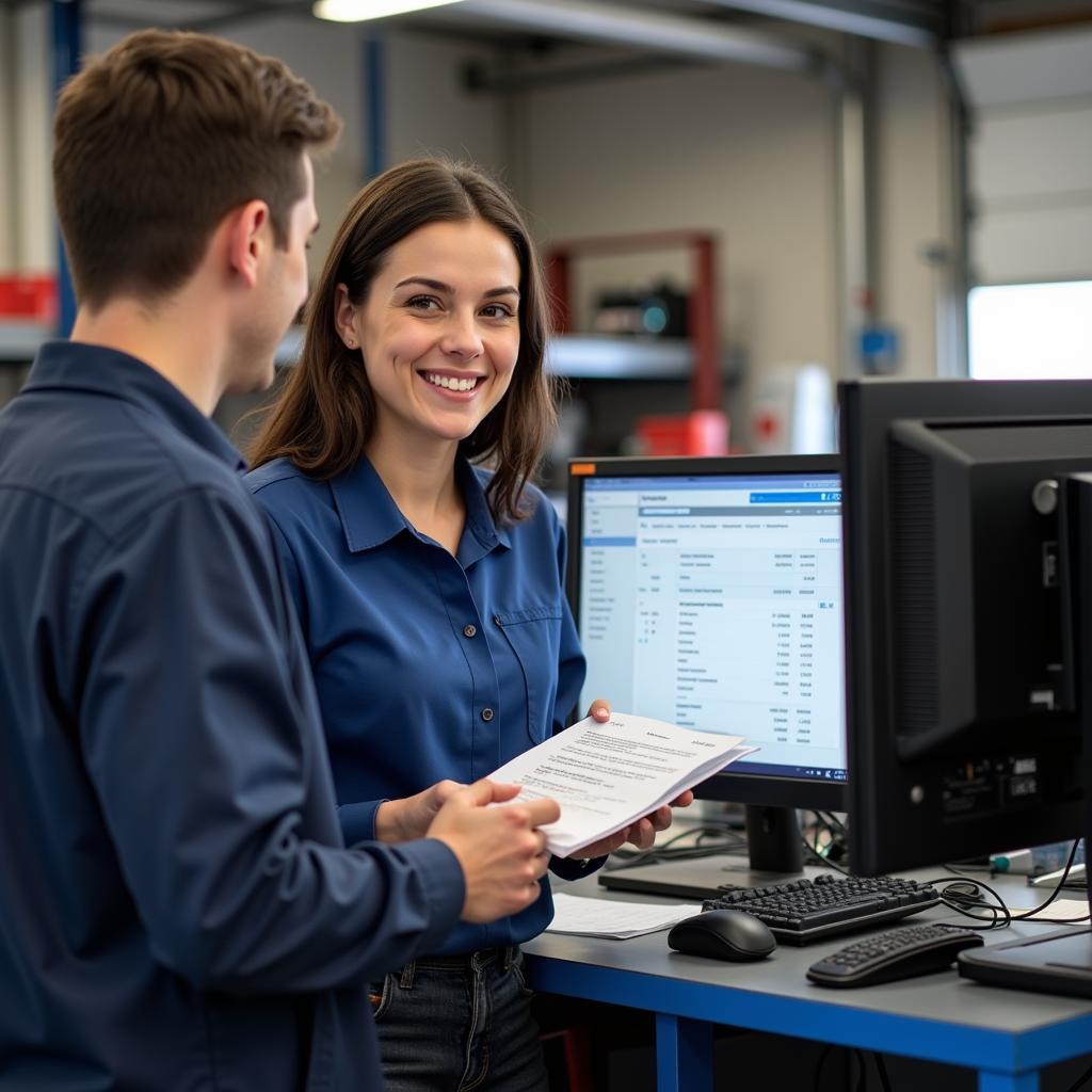 Customer talking to a service advisor in a West Springfield auto repair shop