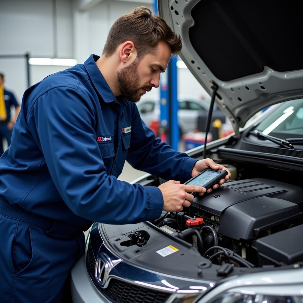 Mechanic working on a car in a West Springfield, MA auto repair shop