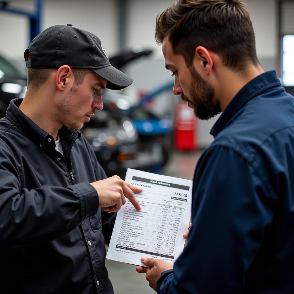 Mechanic discussing a cost estimate with a customer