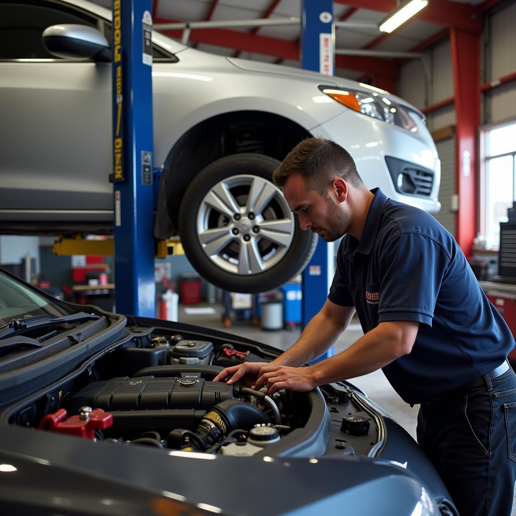 Mechanic working on a car in a Weymouth, MA auto repair shop