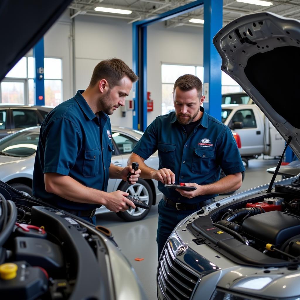 ASE certified technicians working in an auto service shop in Woodinville, WA.