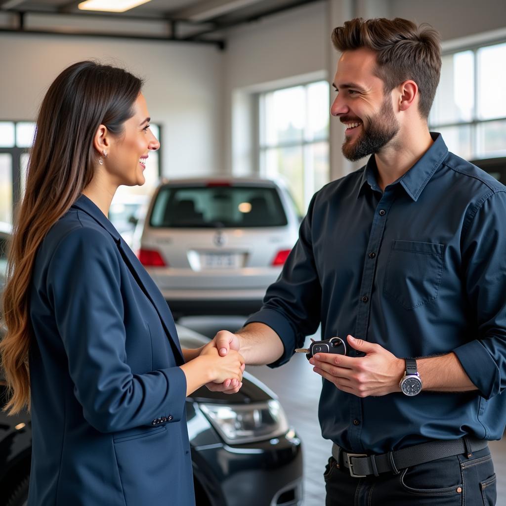 Satisfied customer receiving their car keys after auto service in Woodinville, WA.