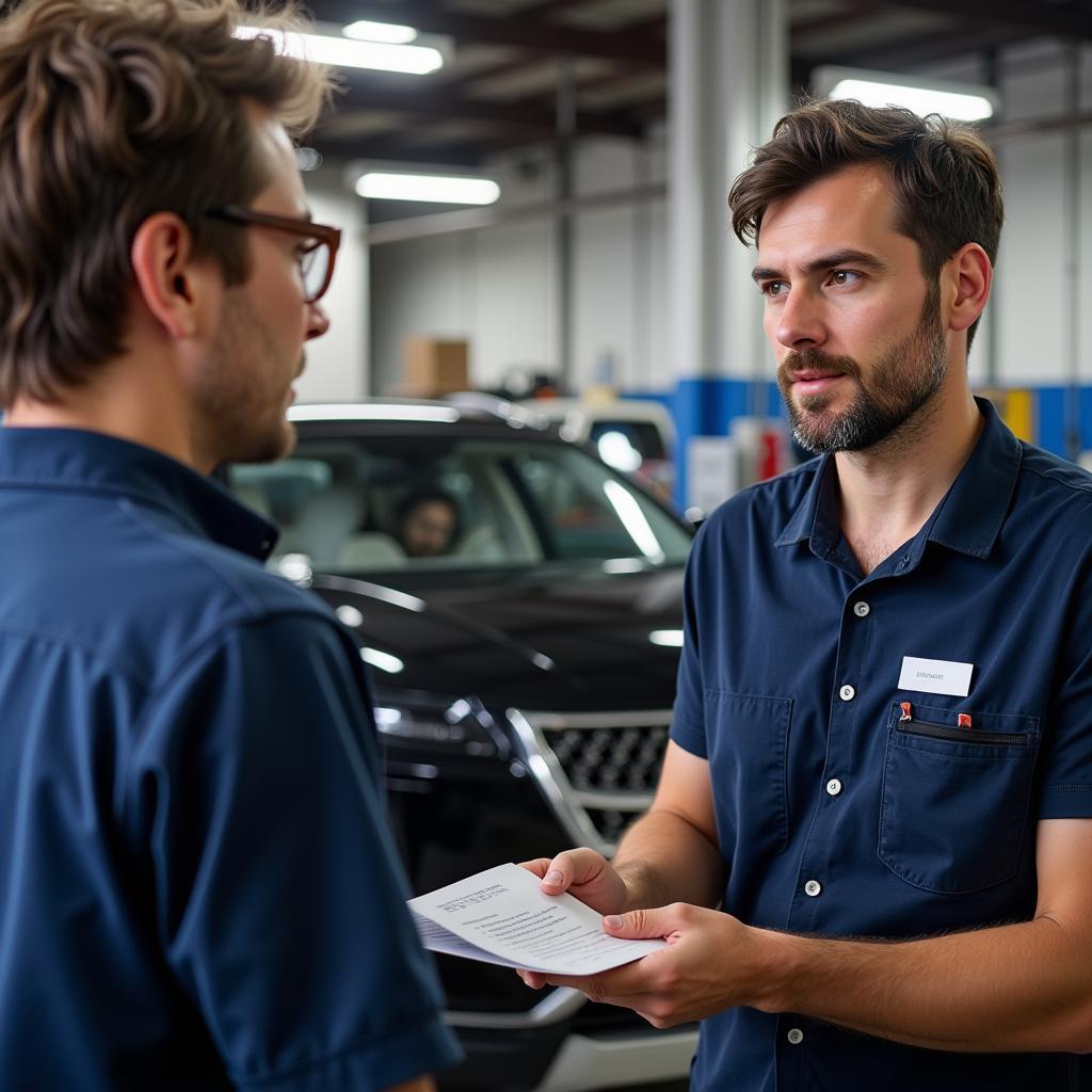 Auto Service Writer Explaining Repair to Customer