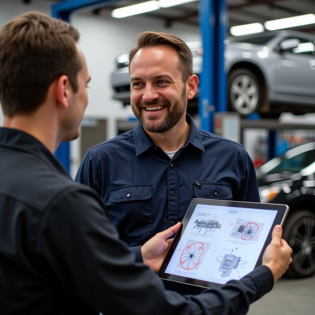 An auto service writer explaining repairs to a customer