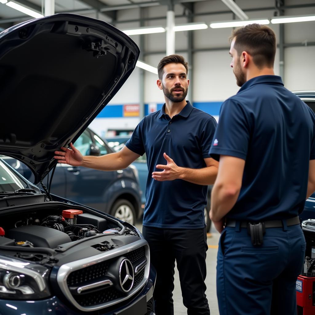 An auto service writer discussing a repair with a mechanic