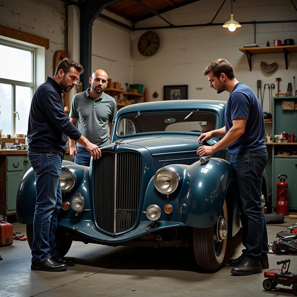 Auto Services Fans: Enthusiasts Working on a Classic Car