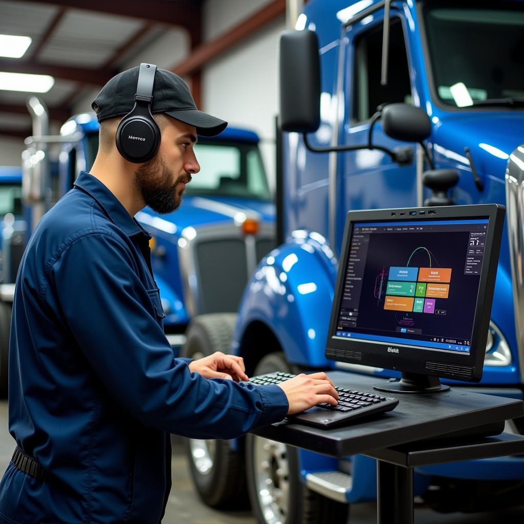 Modern diagnostic tools being used on a commercial vehicle.