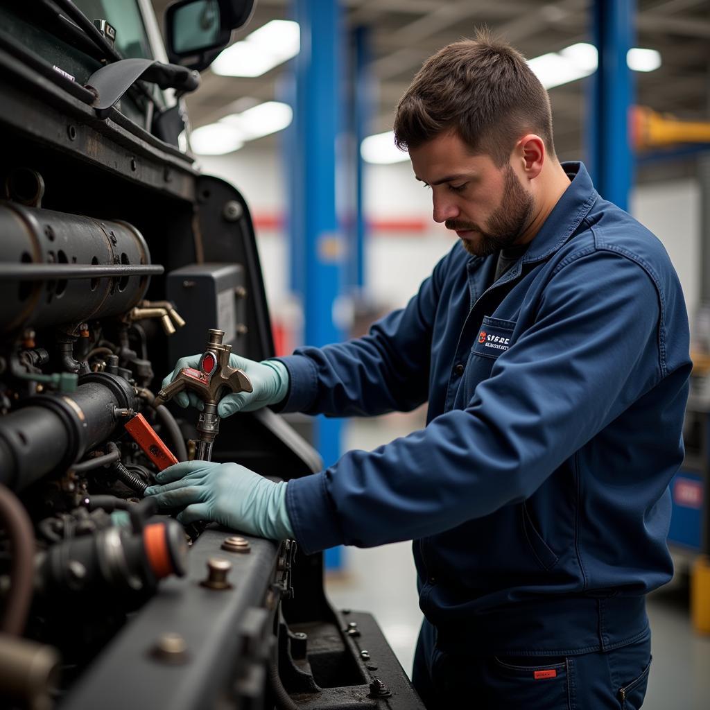 Skilled technician performing maintenance on a commercial truck in Monterrey.