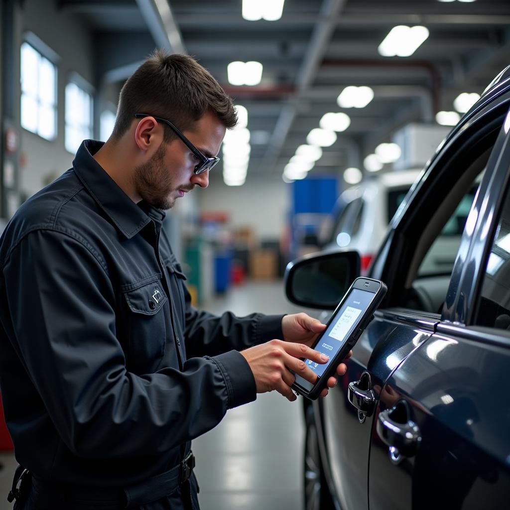 Auto technician performing diagnostics on a vehicle in Mansfield, TX