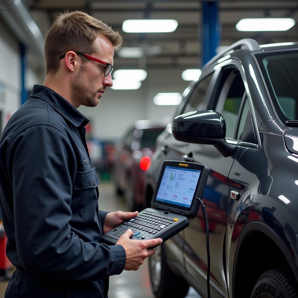 Experienced auto technician utilizing a diagnostic tool in a Pennsylvania auto shop.