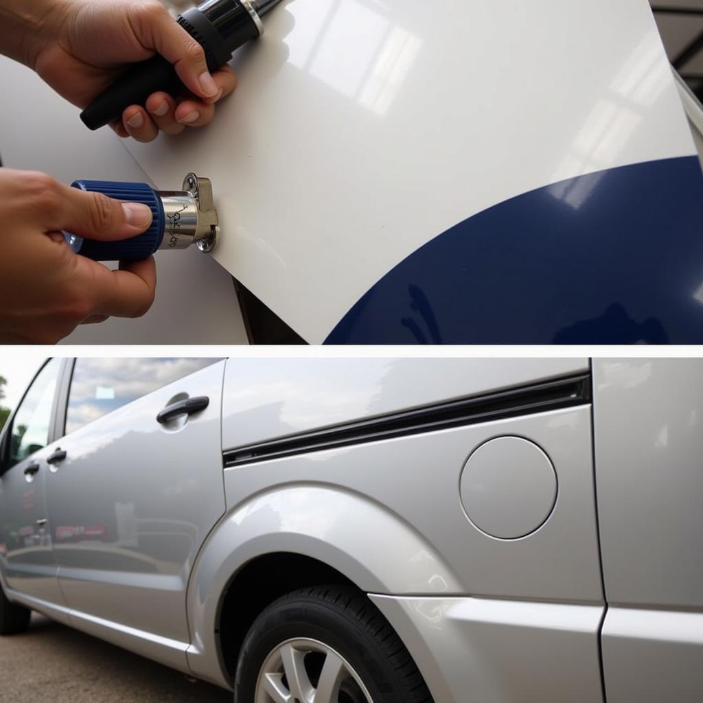 A technician installing auto window tint film on a car window.