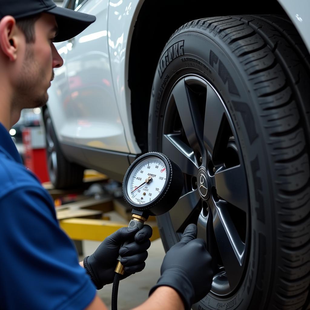 Auto & Tire Service Specialist Checking Tire Pressure