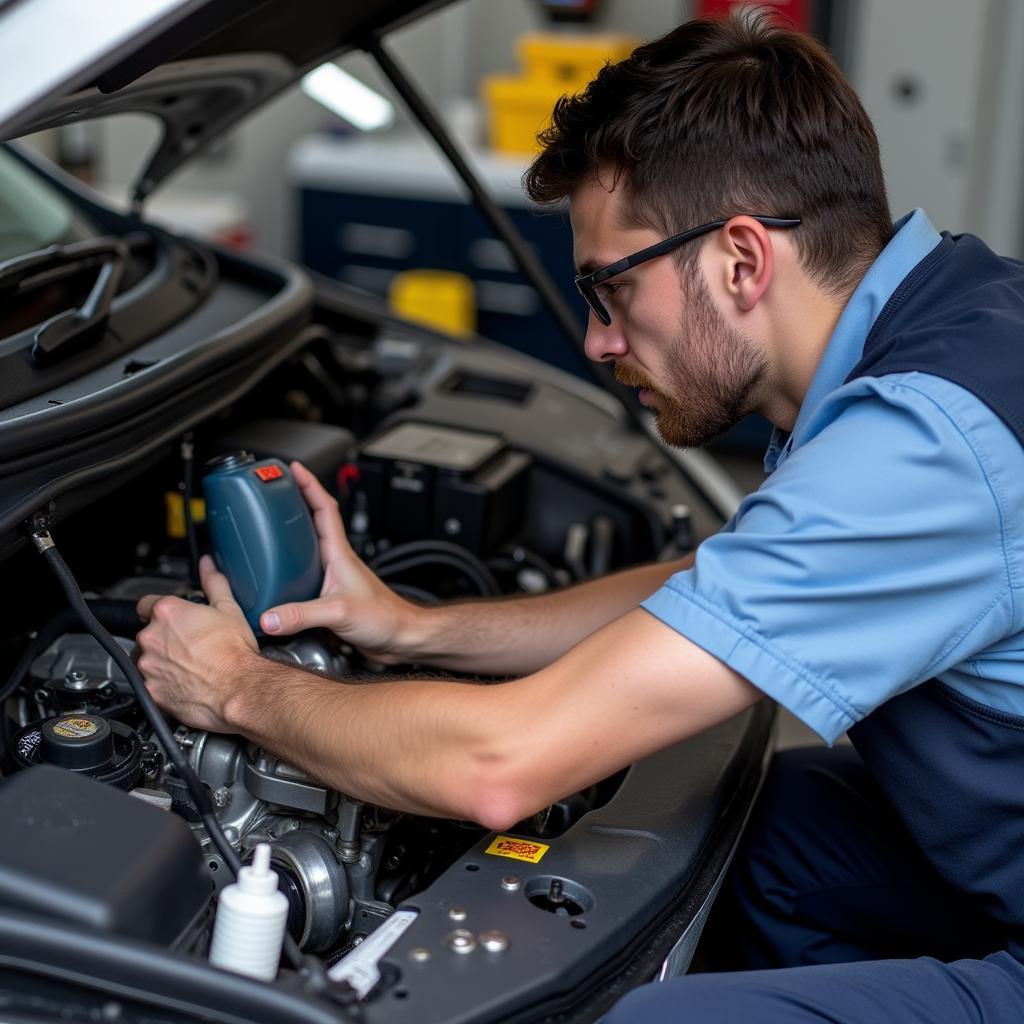 Mechanic performing a transmission fluid change on a vehicle