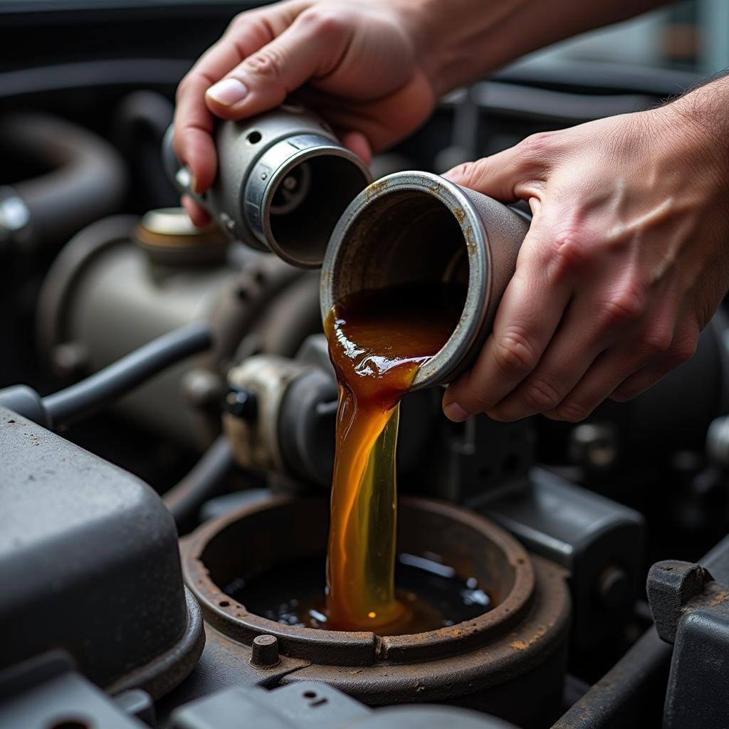 A mechanic draining old transmission fluid from a vehicle.