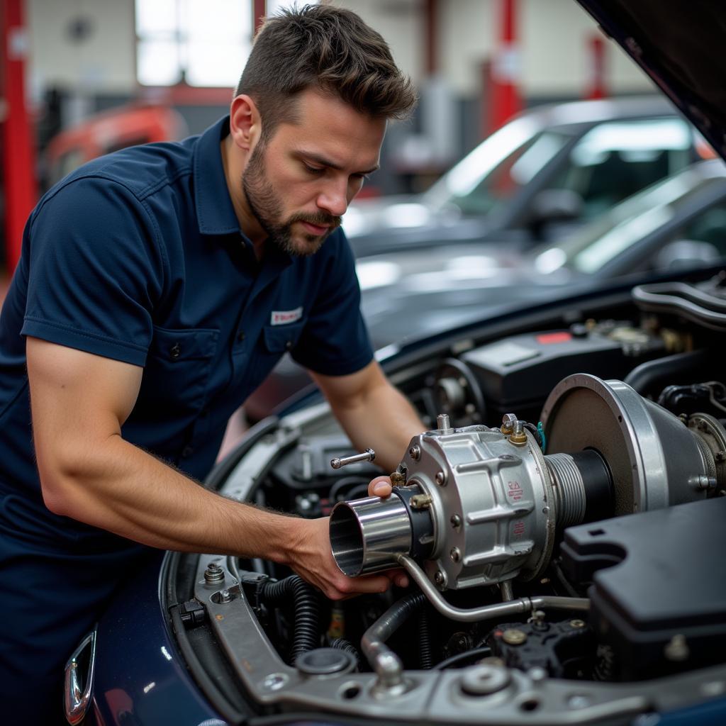 Mechanic inspecting a car's transmission in a Melton auto service shop