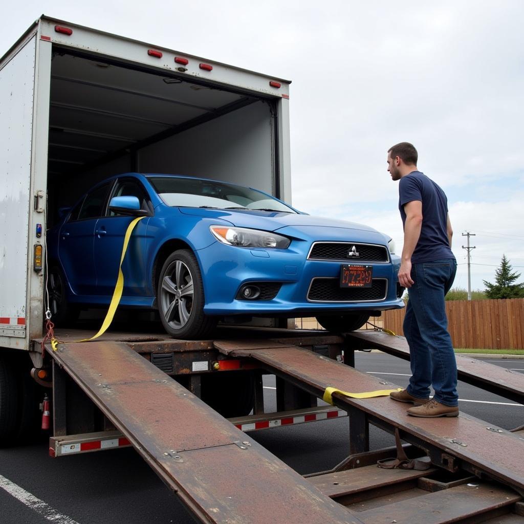 Auto transport services LLC truck loading a car onto its trailer for transportation.