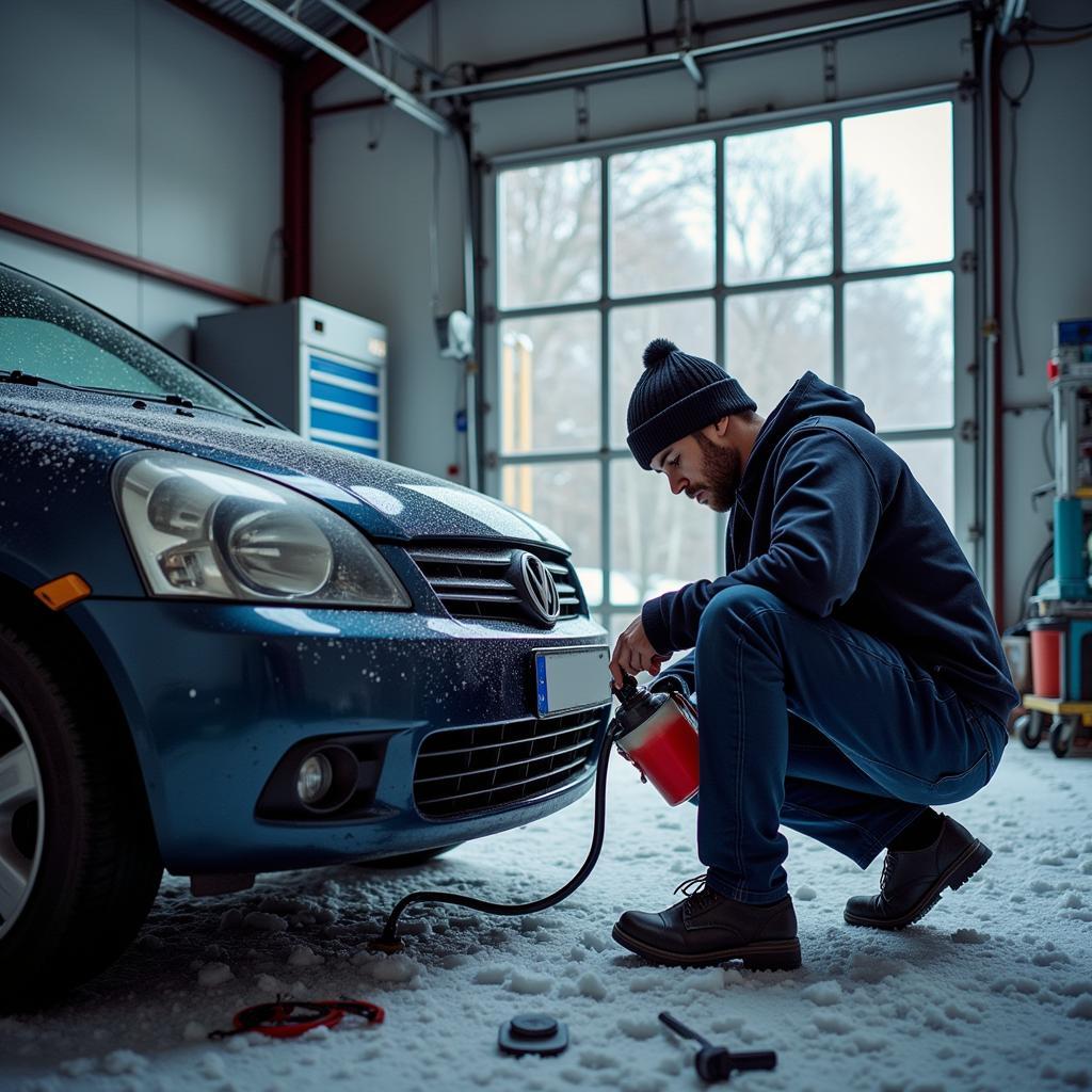 Car undergoing a tune-up in winter conditions in Oregon