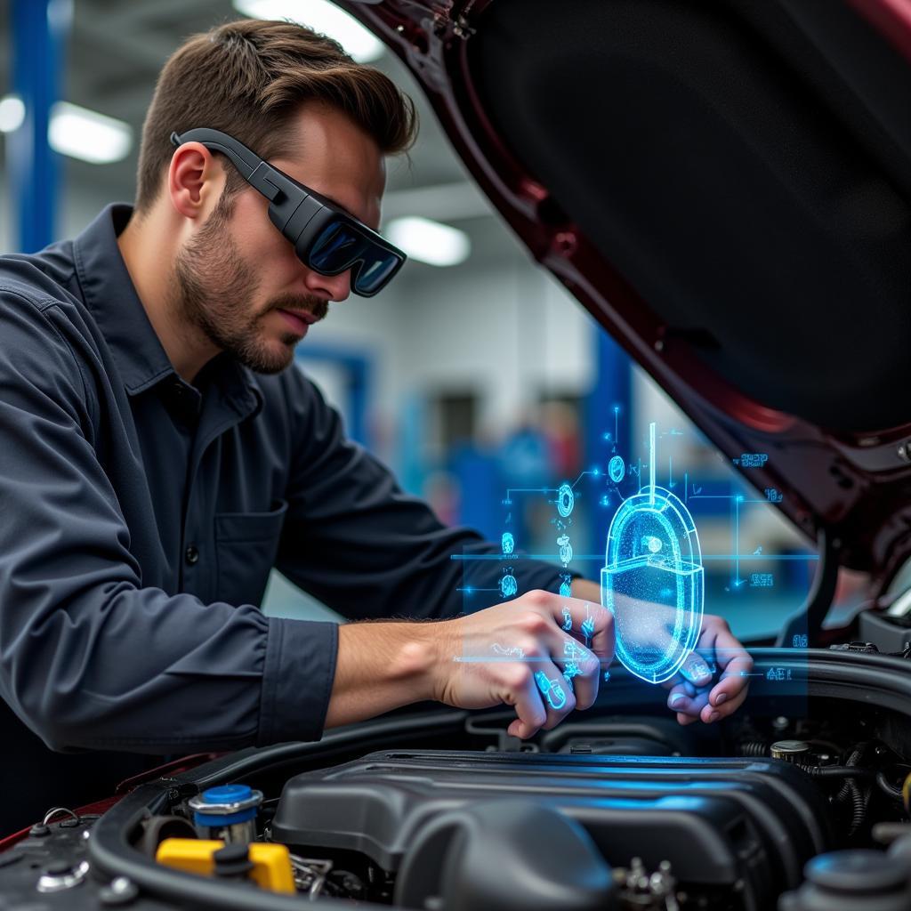 Automotive Technician Using Augmented Reality for Repair