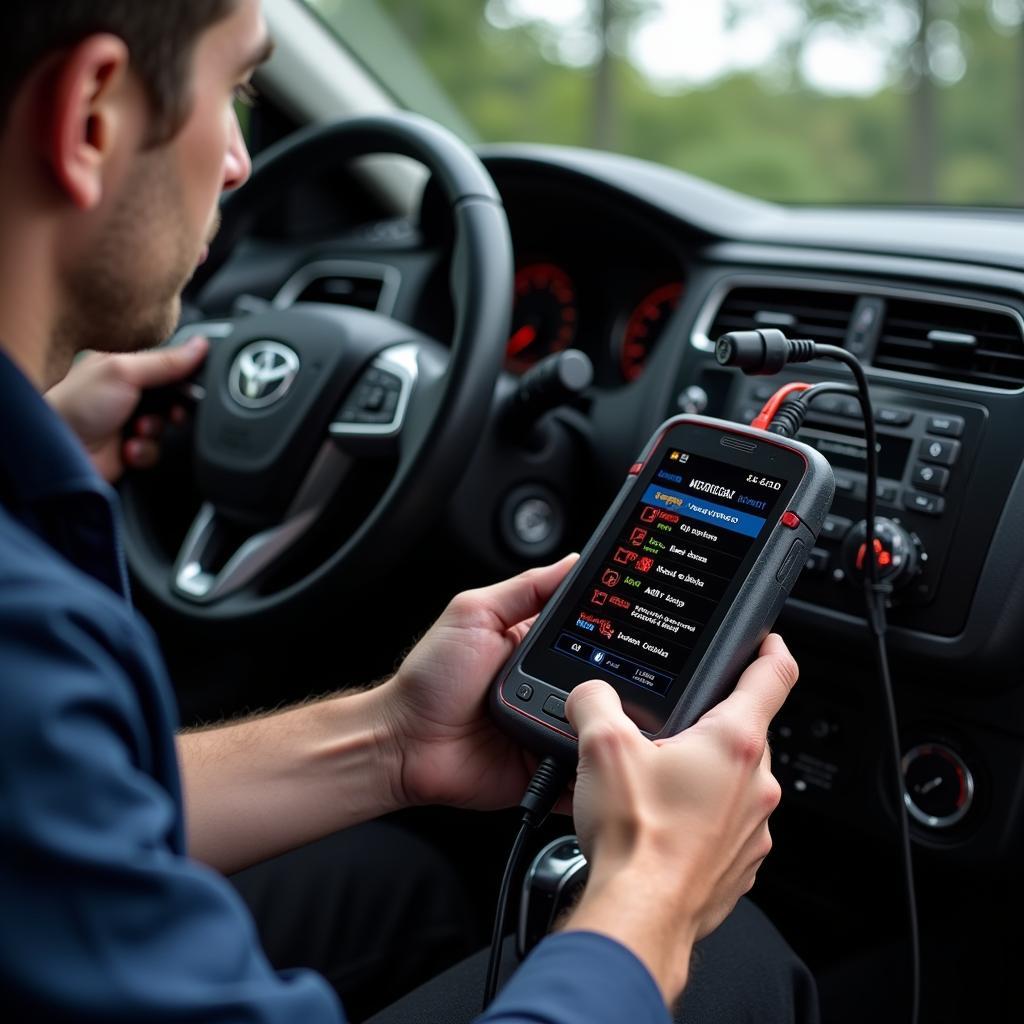 Automotive technician using a diagnostic scanner to troubleshoot a car's electrical system.