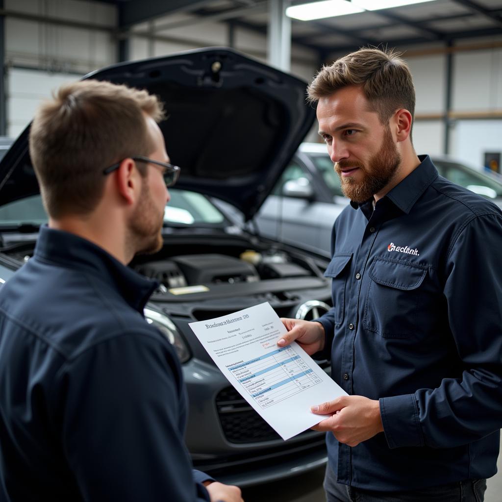 Mechanic explaining car repair estimate to a customer.