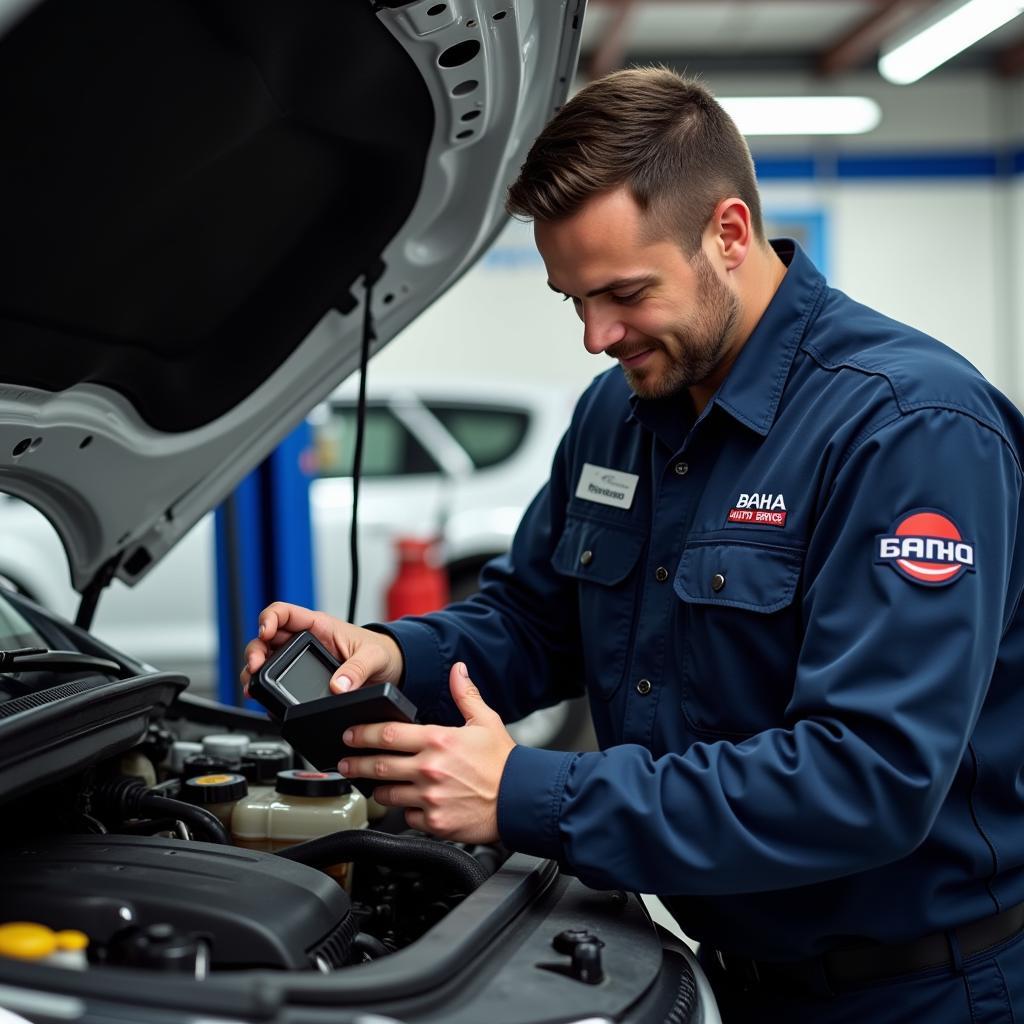 Baha Auto Service Technician Performing Engine Diagnostics