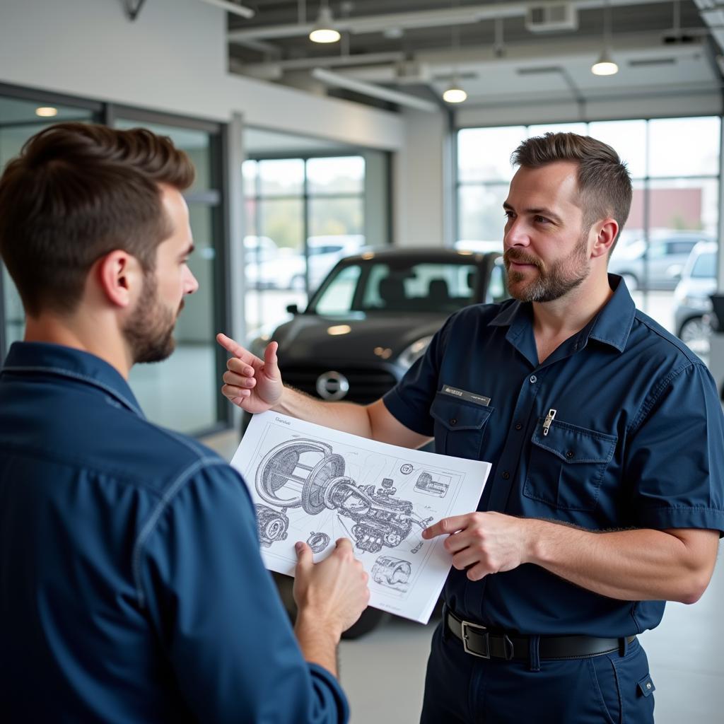 Customer receiving car service explanation from a mechanic