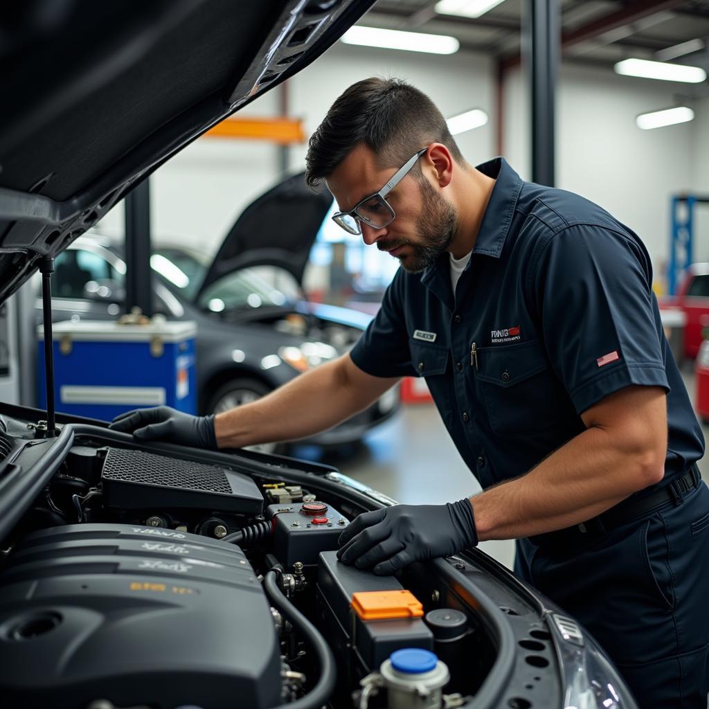 Berkeley Auto Service Options: A mechanic working on a car engine in a modern auto repair shop, surrounded by diagnostic tools and equipment.