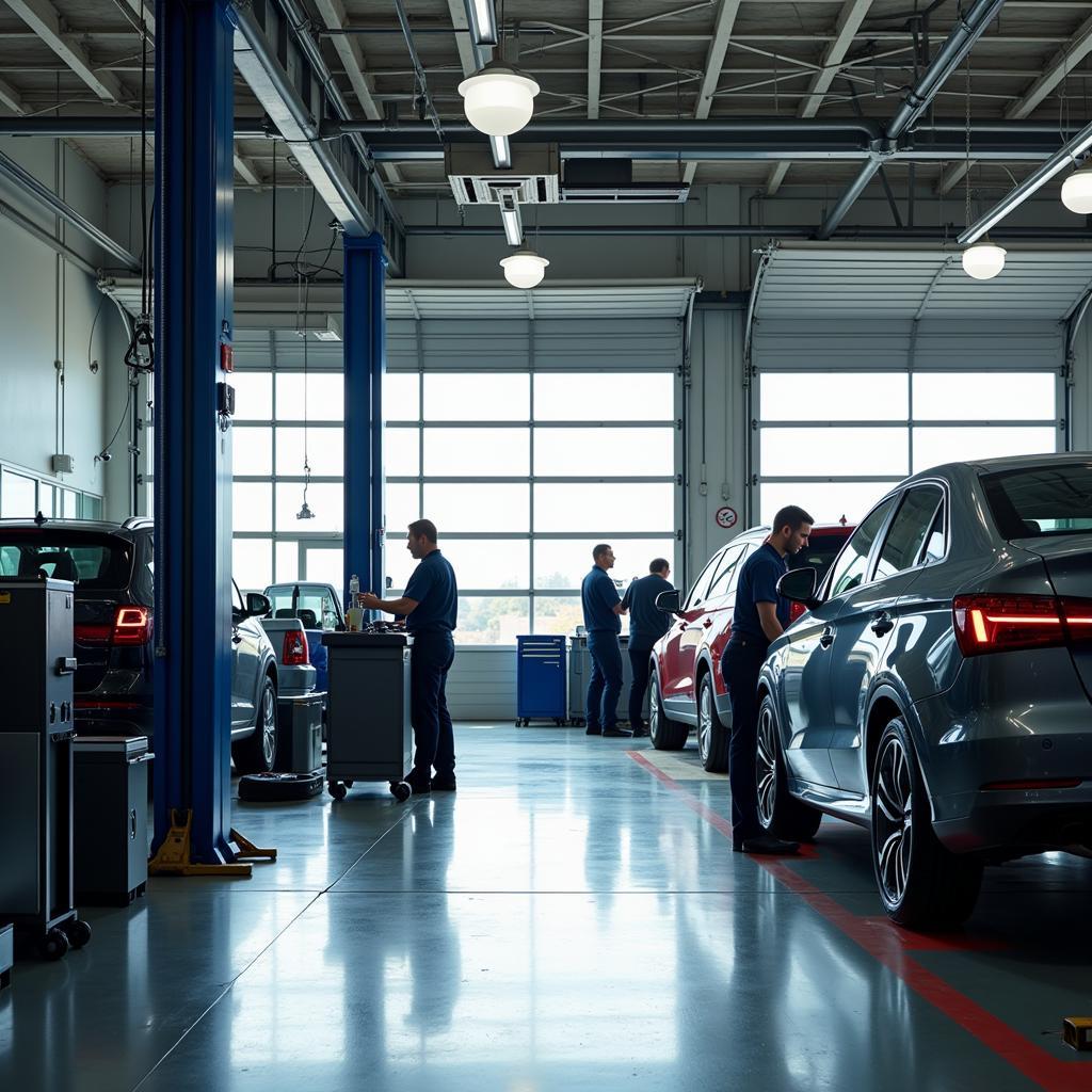 Bibian Bros Service Bay - A glimpse into the hypothetical service bay, showing mechanics working on a vehicle.