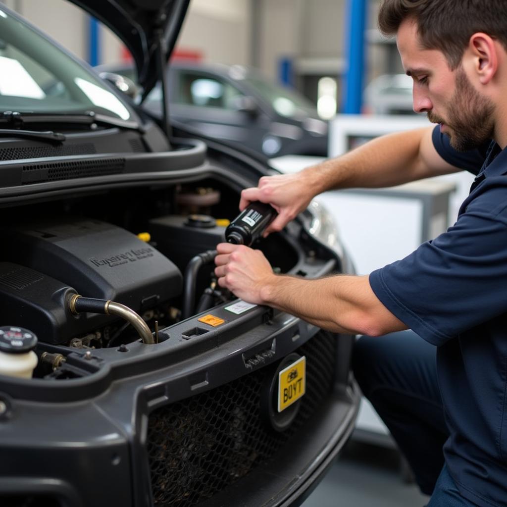 Regular car maintenance being performed at a blue line auto service center