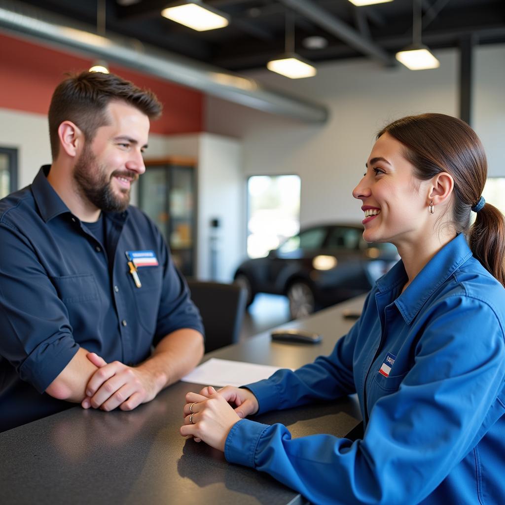 Customer speaking with service advisor at a Boise auto repair shop