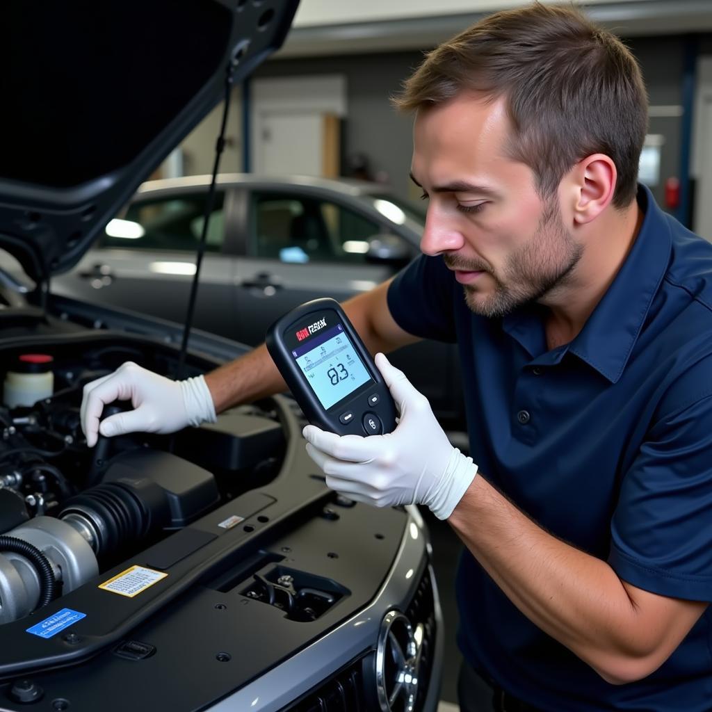 Brampton mechanic using a diagnostic tool on a car engine