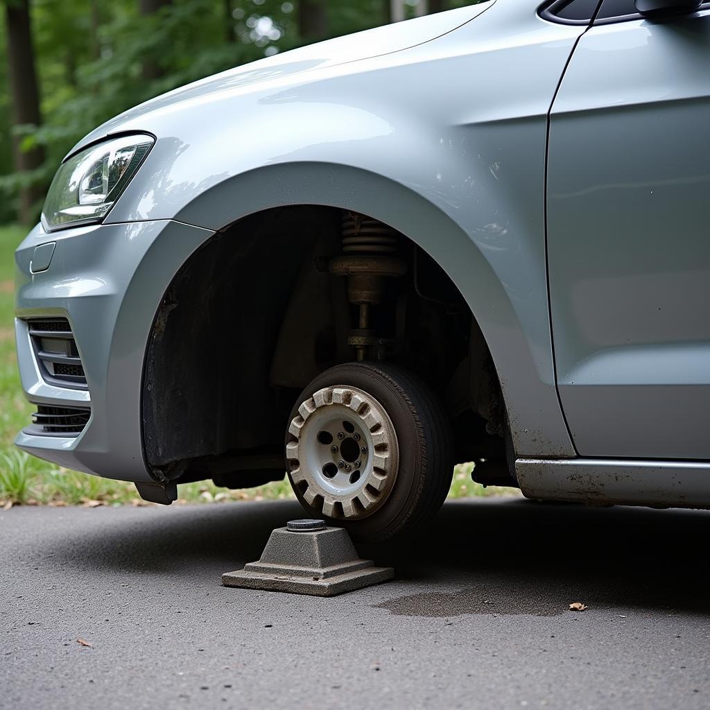 Car with a missing wheel due to a broken auto service nail