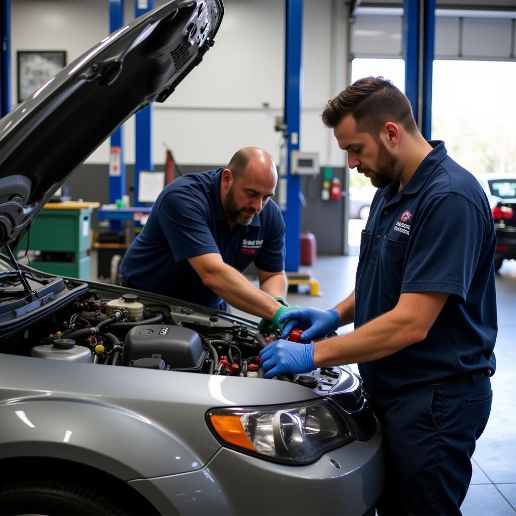 Certified Technicians Working in a Caldwell Auto Service Center