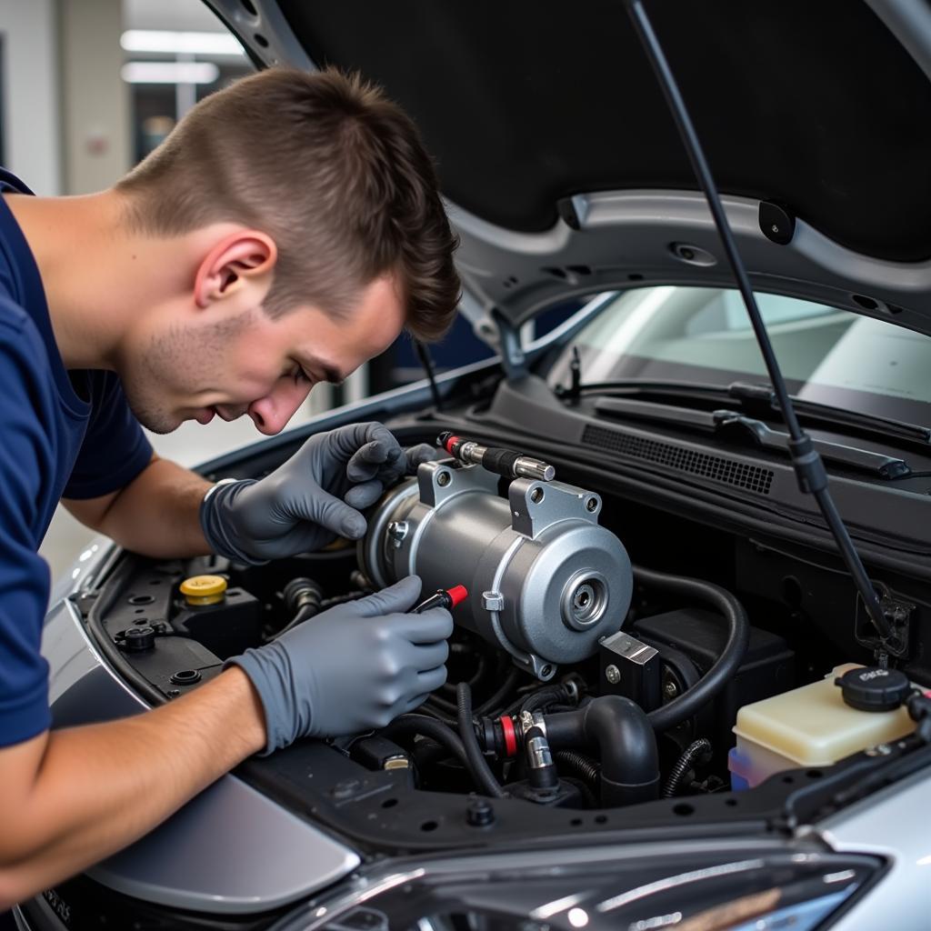 Mechanic repairing a car AC compressor