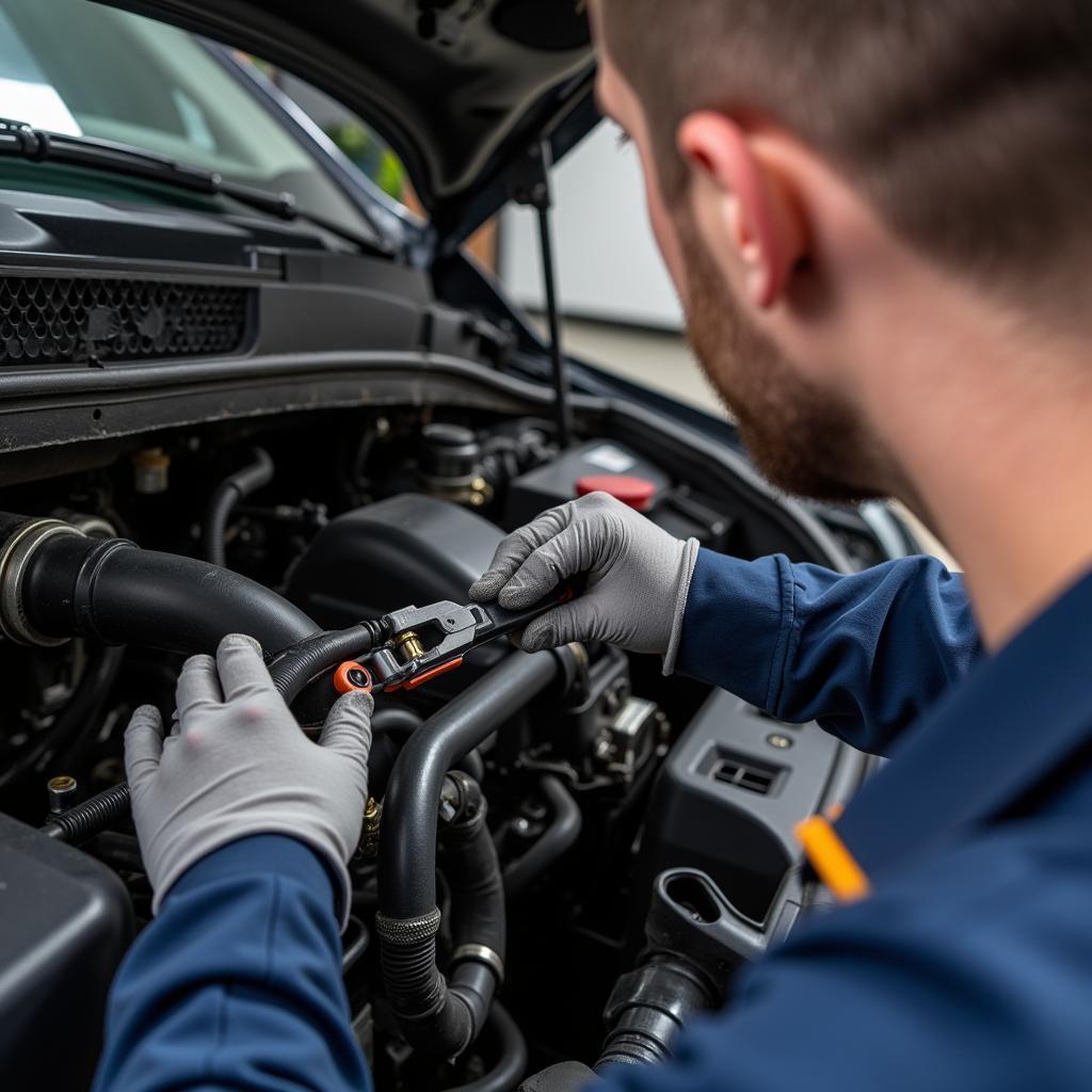 Technician repairing a car's AC