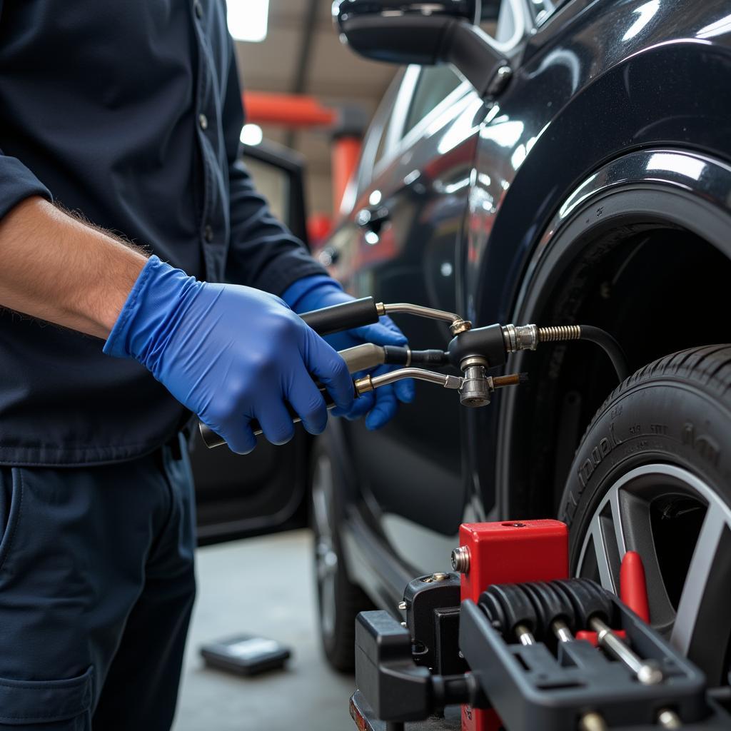 Car AC Repair in Goodyear: Close-up of a mechanic's hands working on a car's air conditioning system.