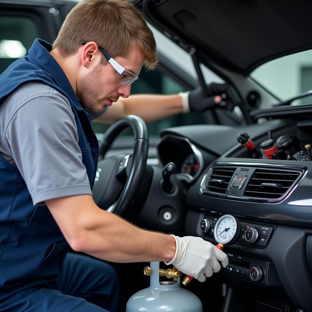 Car AC Service Technician Performing Maintenance