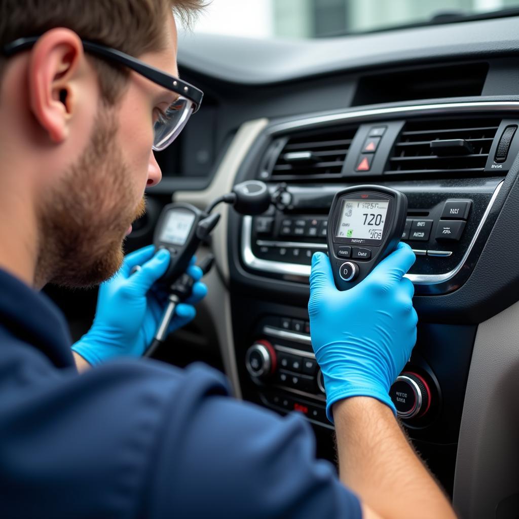 Car AC Service Technician Checking Refrigerant Levels