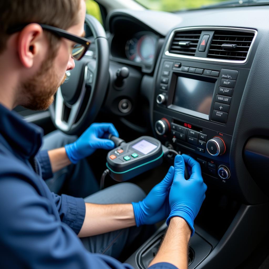 Car AC Service Technician Checking Refrigerant Levels