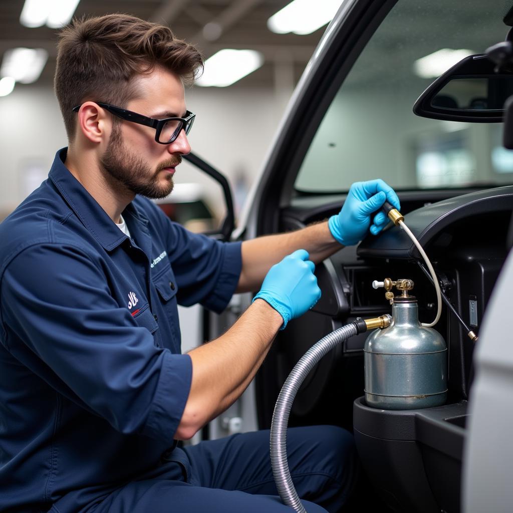 Car AC Service Technician Checking Refrigerant