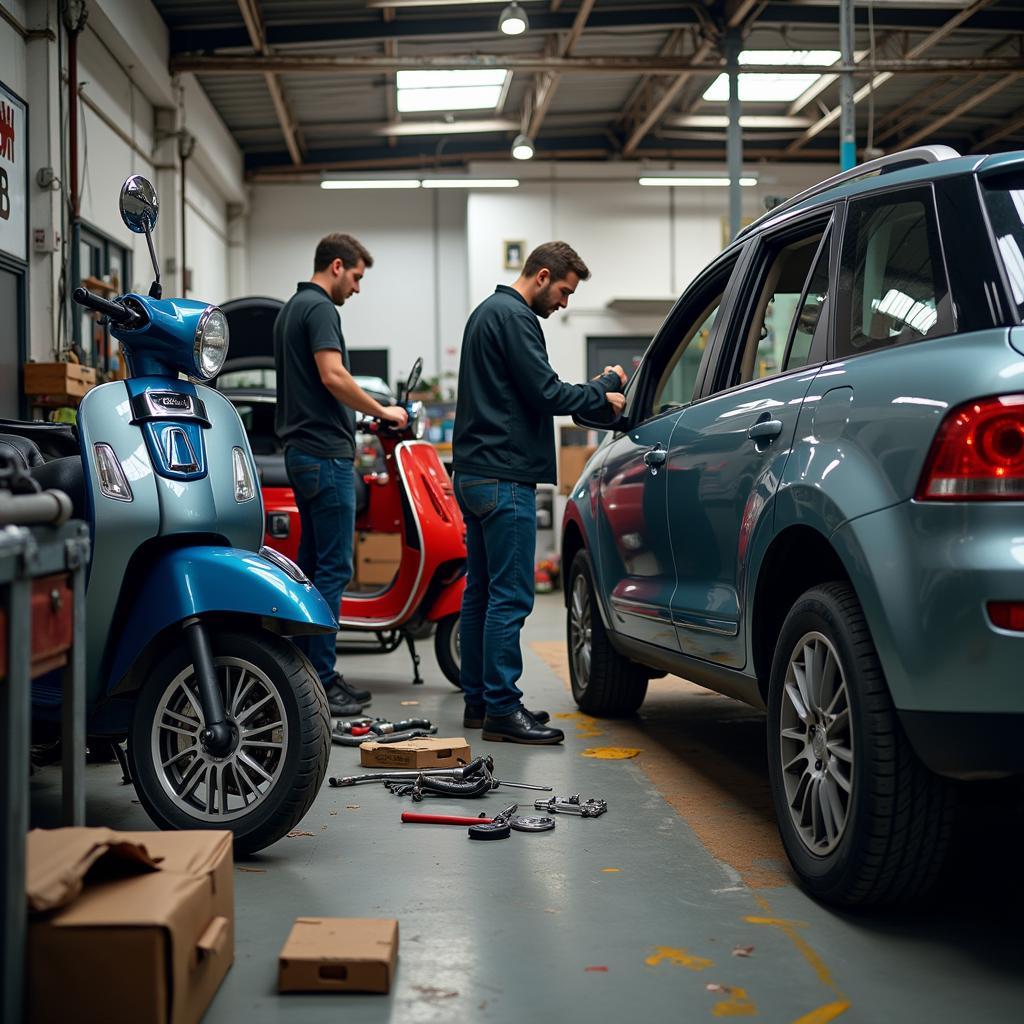 Car and Scooter Repair Shop - A mechanic working on a car and a scooter in a repair shop.